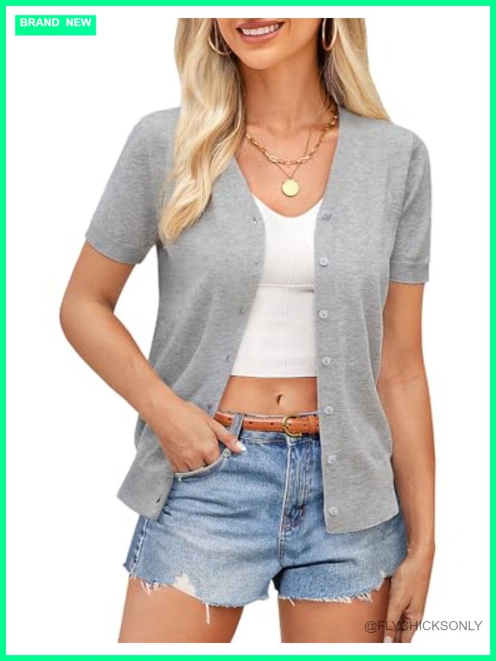 Lightweight Cropped V-Neck Cardigan Short Sleeve Button Down Knit